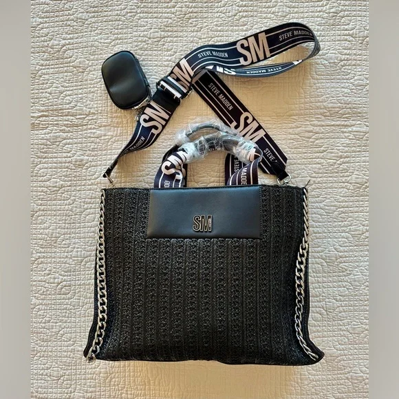 New Steve Madden Black Textured Tote Handbag with an Adjustable/Detachable Stap - Picture 1 of 7